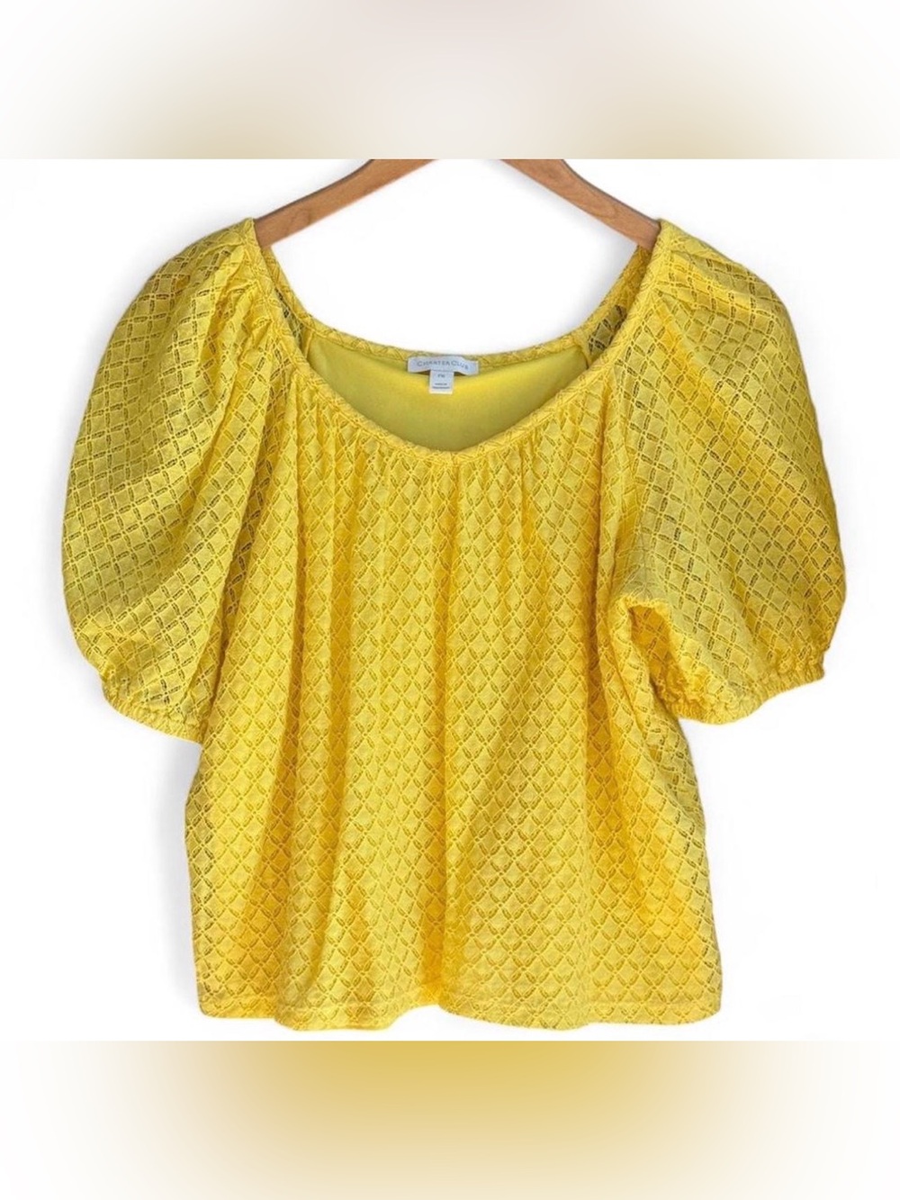 Charter Club Yellow Lace Puff Sleeve Top Lined V-Neck Sheer Blouse Top Petite M
